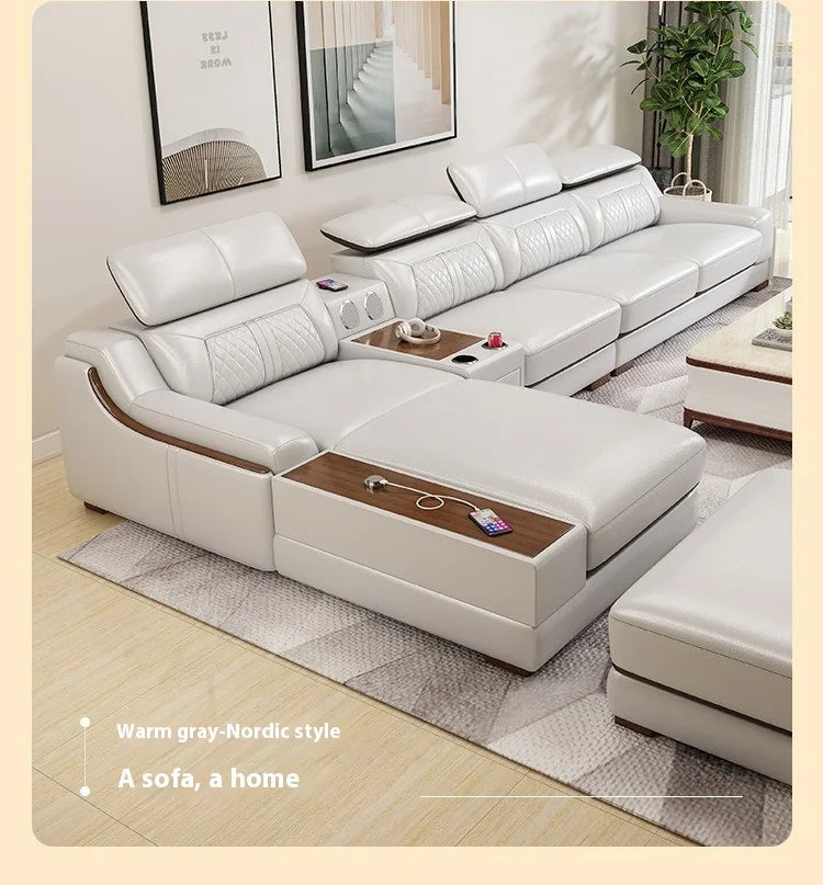 Stylish Italian Genuine Leather Sofa for Living Room with Cup Holder, USB, Adjustable Headrests & Bluetooth Speaker -...