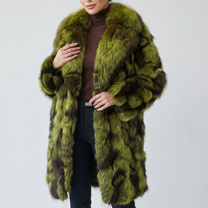 Women’s Genuine Real Fox Fur Patchwork Long Coat, Green‑Brown Color‑Block Wide Lapel Collar, Loose‑Fit Fluffy Luxury 260628