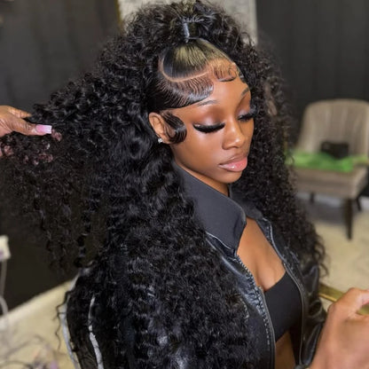 Deep Wave 360 HD Lace Frontal Invisi Strap Human Hair Wig 230 Density Water Curly Transparent 13X6 Full Lace For Women 34 Inch