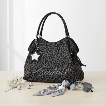 Y2K BadBlue Embroidered Leopard Print Tote Bag Large Capacity Shoulder Bag with Star Mirror Pendant Korean Trendy Women...