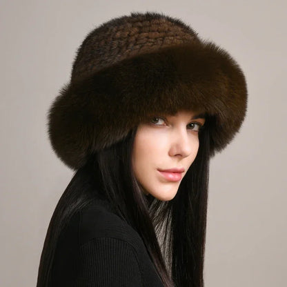 New Genuine Real Natural Knitted Mink Fur Hat Cap Luxury Women Handmade Knit Fashion Winter Headwear Warm Real Fox Fur Beanies