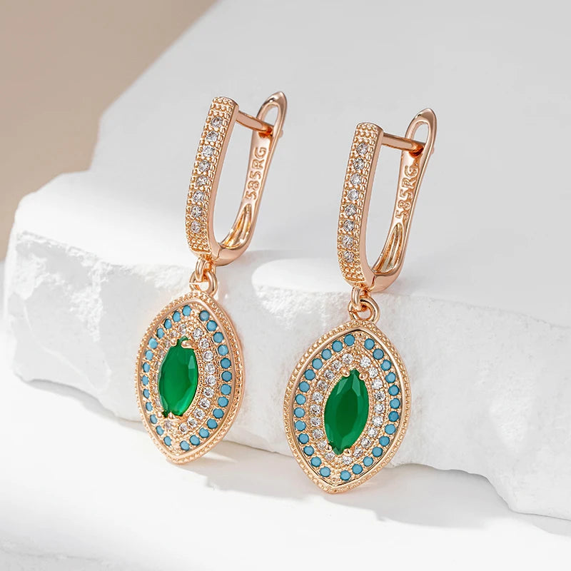 Kinel Hot 585 Rose Gold Color Long Drop Earrings for Women Fashion Green With Blue Natural Zircon Wedding Daily Vintage Jewelry
