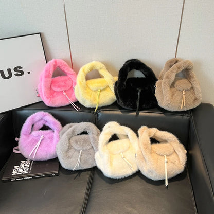 Cute Tan Faux Fur Top Handle Bag 2-in-1 Crossbody Bag Winter Warm Casual Handbag Ideal for Dating Shopping Outings for Women