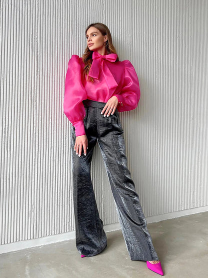 Women's See-through Chiffon Fashion Shirt Lace-up Bow Neck Puff Long Sleeve Loose Autumn Streetwear Elegant Office Ladies Blouse