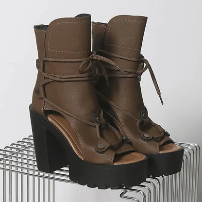 Women's Platform High Heel Ankle Boots Open Toe Lace Up Sandals Textured Finish Chunky Block Heel Zipper Closure Fashion...