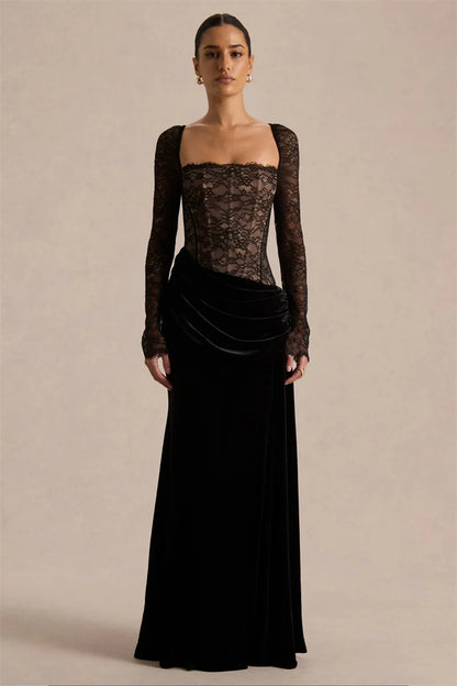 Mozision Lace Velvet Square-Neck Sexy Maxi Dress Women Elegant See Through Long Sleeve Backless Split Club Party Long...