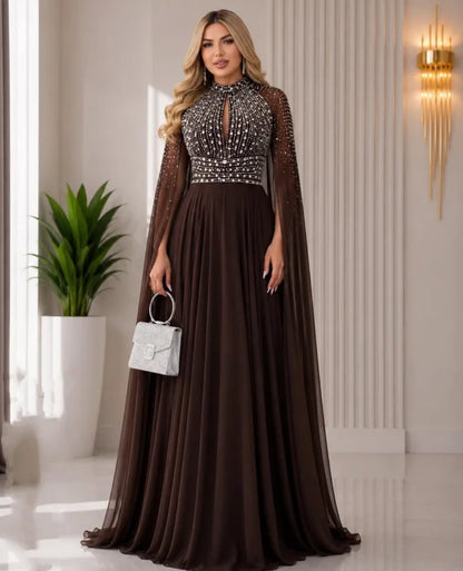 Champagne Maxi Mother of the Bride Dresses With Cape Beaded High Neck Pleated Modern Women Wedding Party Guest Gown Customized