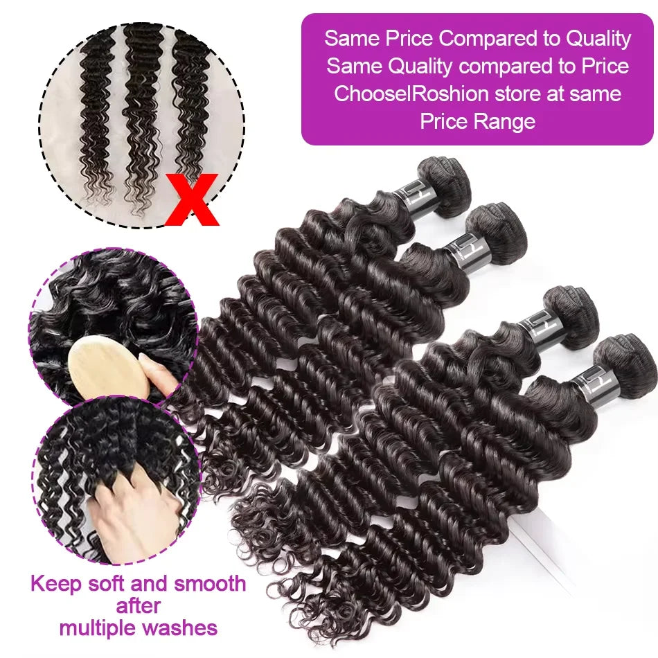 Deep Wave Human Hair Bundles Curly Hair 30Inch Brazilian Weaving Raw Virgin 100% Unprocessed Double Weft Hair Bundles Extensions - Kimlud