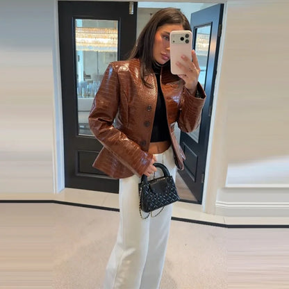 Street Print Pu Leather Women Jacket Fashion Long Sleeve O-neck Single Breasted Female Outwear 2026 Autumn Lady...
