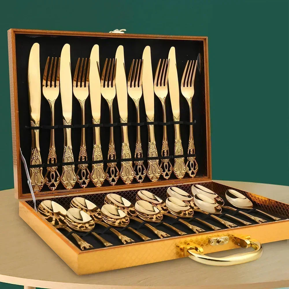 Golden Stainless Steel Cutlery Set Royal European Spoon Fork Complete Tableware Retro Design Dishwasher Safe Elegant...