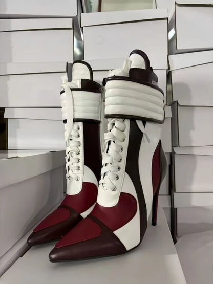 Women Pointed Toe Stiletto High Heel Ankle Boots Color Block Lace Up Fashion Party Club Punk Streetwear Booties