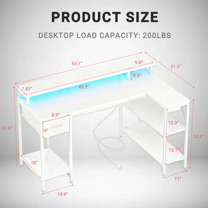 JHK L Shaped Gaming Desk with USB Charging Ports & LED Lights Reversible Desks Computer Gamer Table for Home Office Small Space