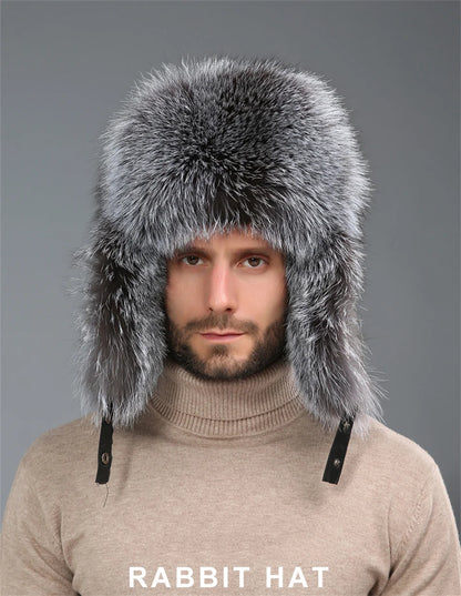 New Winter Men's 100% Real Silver Fox Fur Bomber Hat Raccoon Fur Ushanka Cap Trapper Russian Man Ski Hats Caps Real Leather Hat