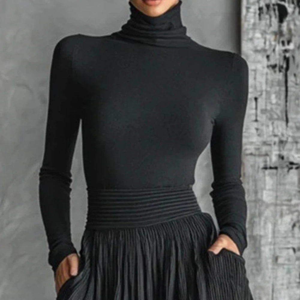 France Vintage Elegant Two Piece Skirt Set for Women's Pockets Solid Minimalist Split Hem Pleated A-line Turtleneck Autumn