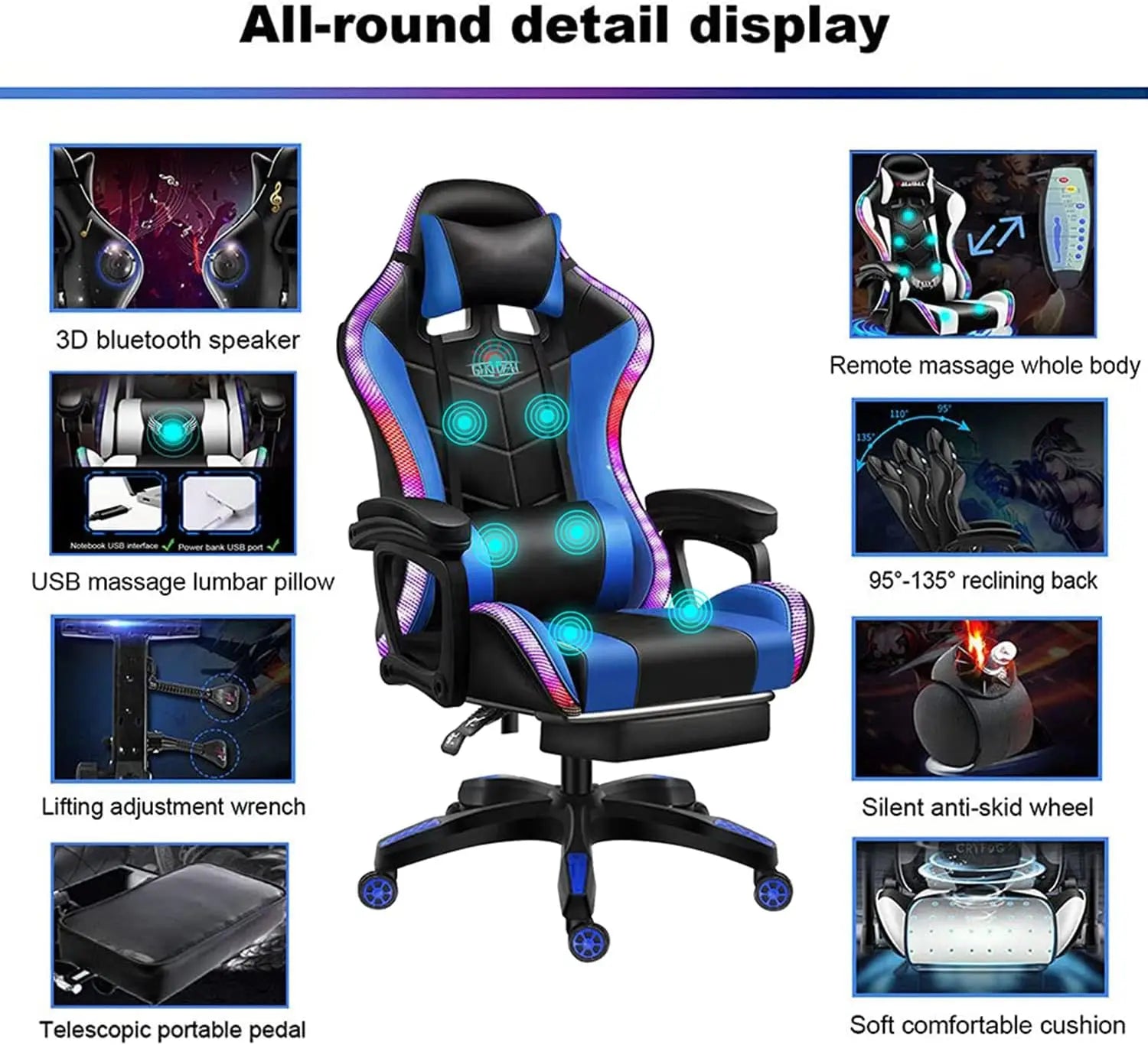 RGB Gaming Chair Ergonomic Massage High Back with Speakers And LED Light 90°-135° Adjustable PU Leather for Video Game E-Sport