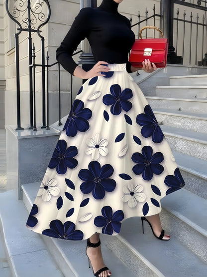 Printed Design suitable for all four seasons Blue White Floral Pattern Print vacation style elegant style Women's Skirt...