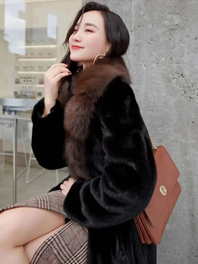 DEAT Fashion Women's Imitation Mink Fur Coat Fur Collar Loose Long Sleeves Thick Warm Overcoat Winter 2024 New tide 7AB6171