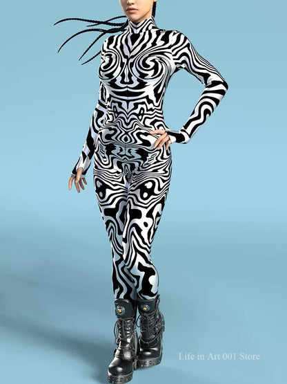 Black and White Pattern Zentai Suit Halloween Cosplay Morphsuit Women Rave Bodysuits Jumpsuits Tights Carnival Party Masquerade