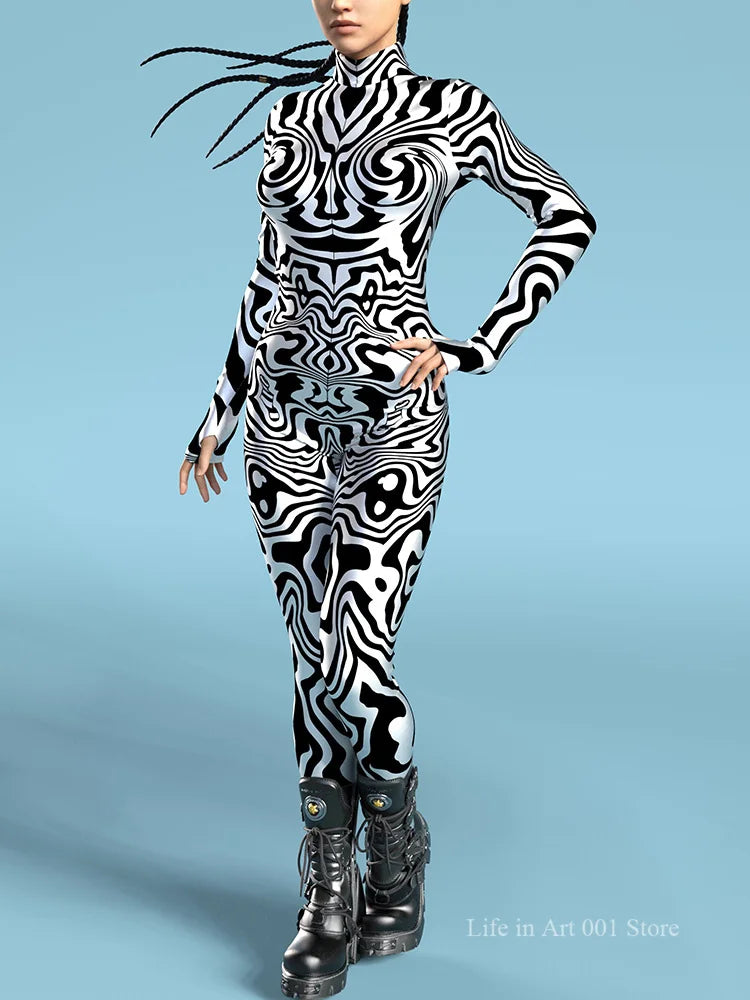 Black and White Pattern Zentai Suit Halloween Cosplay Morphsuit Women Rave Bodysuits Jumpsuits Tights Carnival Party Masquerade