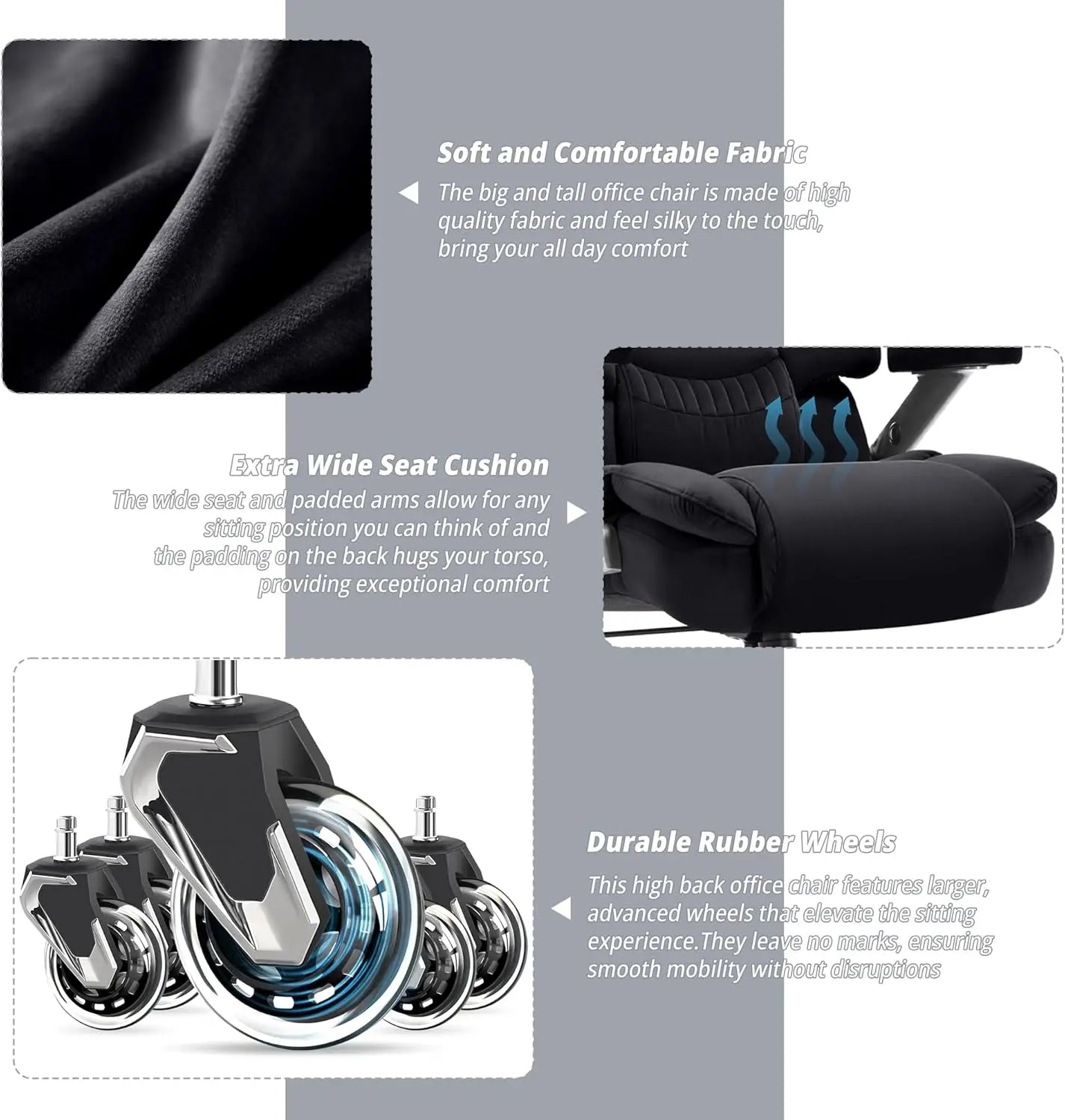 Big & Tall Office Chair 700lbs, High Back Executive Cloth Chair with Adjustable Lumbar Support, 3D Arms, Plus Size Rubber Wheels