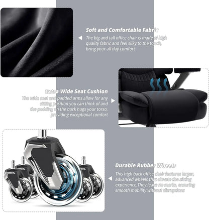 Big & Tall Office Chair 700lbs, High Back Executive Cloth Chair with Adjustable Lumbar Support, 3D Arms, Plus Size Rubber Wheels