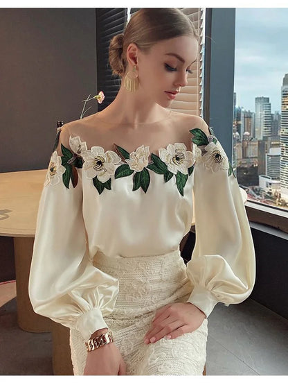 Vintage Embroidered Shirt Elegant Mesh Patchwork Satin Blouse O-neck Tops Spring Autumn Long Lantern Sleeve Women Clothes 24976
