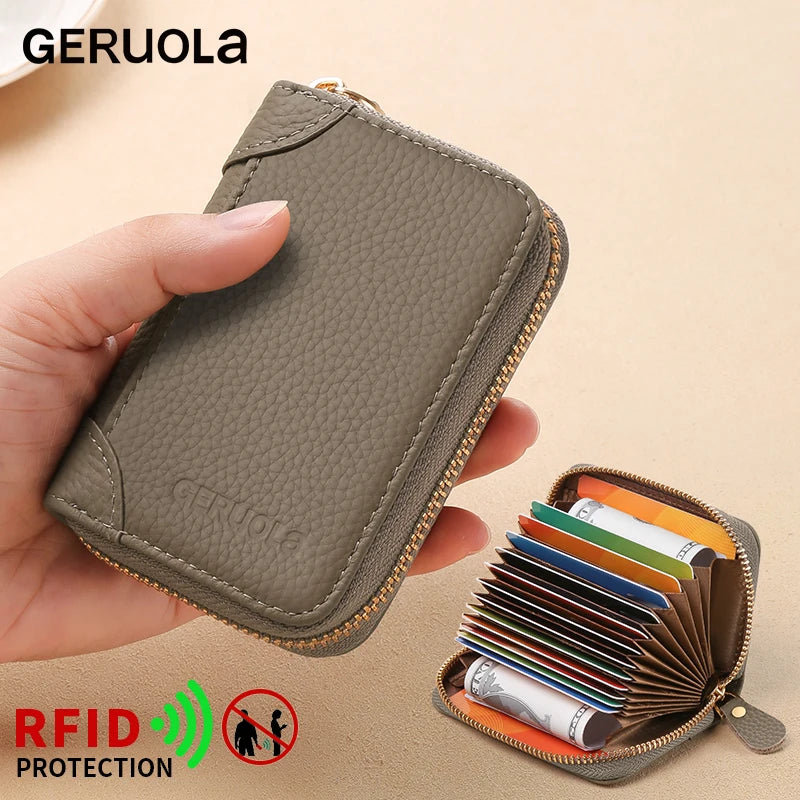 GERUOLA Top-Grain Cowhide RFID-Protected Card Holder Zipper Credit Card Organizer with Multiple Slots ID And Coin Pouch