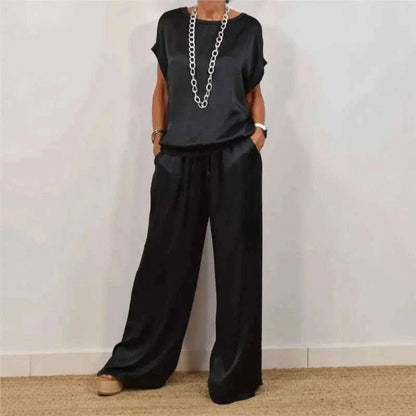 2025 Spring Satin Oversize Women Suit Black V-neck Tops Long Pants Loose Suits Female Summer Casual Trendy Ladies Clothes Sets