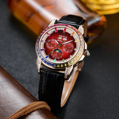 OBLVLO Men's Fashion Automatic Watch Colorful Zircon Moonphase Mechanical Multifunctional Black Leather Strap Timepiece...