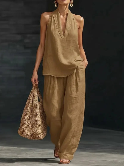 Casual Solid Set For Women Fashion Solid Sleeveless V Neck Tops+High Waist Wide Leg Pants 2 Piece Sets Lady Holiday Women's