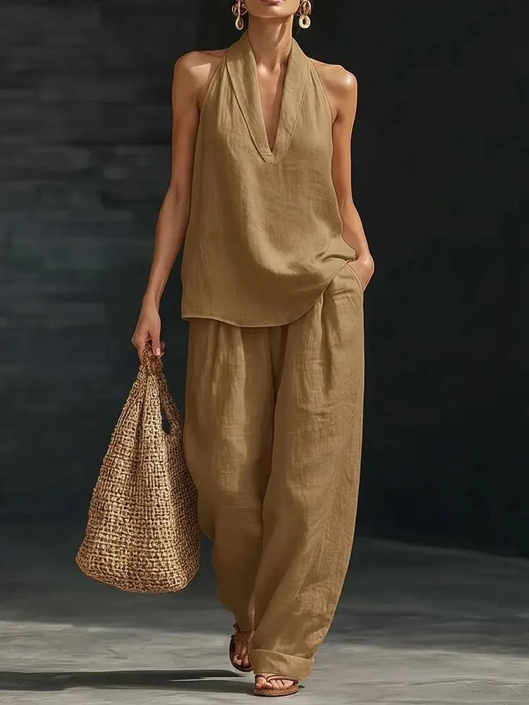 Casual Solid Set For Women Fashion Solid Sleeveless V Neck Tops+High Waist Wide Leg Pants 2 Piece Sets Lady Holiday Women's