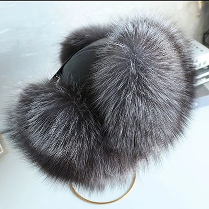 Natural Raccoon Fur Hat Women Black Fox Fur Russian Ushanka Hats Winter Warm Ears Bomber Cap