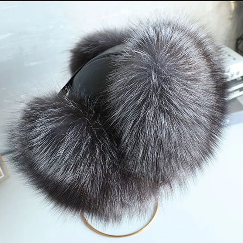 Natural Raccoon Fur Hat Women Black Fox Fur Russian Ushanka Hats Winter Warm Ears Bomber Cap