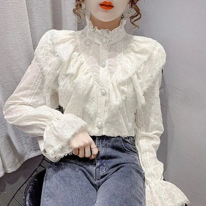 Long Sleeve Loose Spring Fashion Button White Shirt Elegant Stand Collar Pleated Tops Casual Ruffle Lace Blouse Blusas 15832 - Kimlud