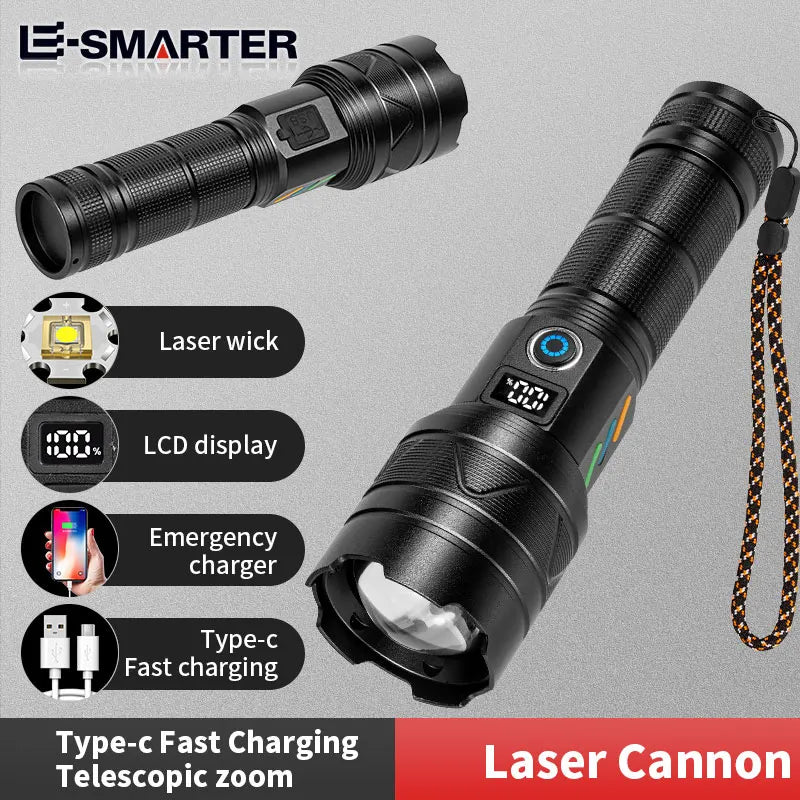 Super Bright Laser Flashlight Zoomable USB Rechargeable Torch Lamp 5 Lighting Modes Outdoor Adventure Long Range Flashlight