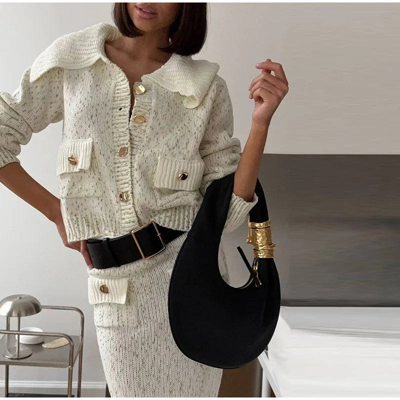 Fashion Knitted Long Skirts Sets Women Lapel Full Sleeve Single Breasted Sweater Hip Package Slim Skirt 2026 Spring Lady Outfits