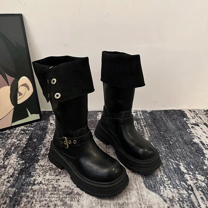 Winter Vintage Platform Thick Sole Woman Knight High Boots Concise Belt Buckle Front zipper Shoes Ladies Slim Modern Long Botas