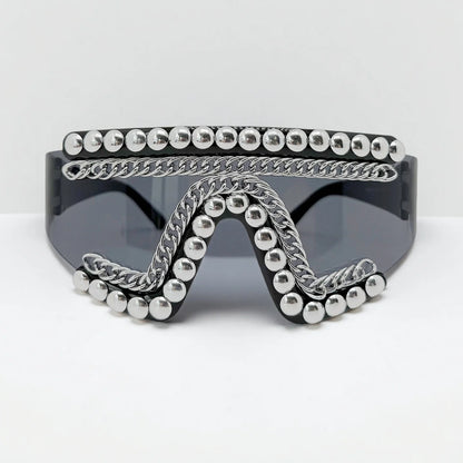 Punk Style One-piece Large Frame Sunglasses with Metal Chain Stud Women and Men Treny Exaggertated Unique Sun Glasses...