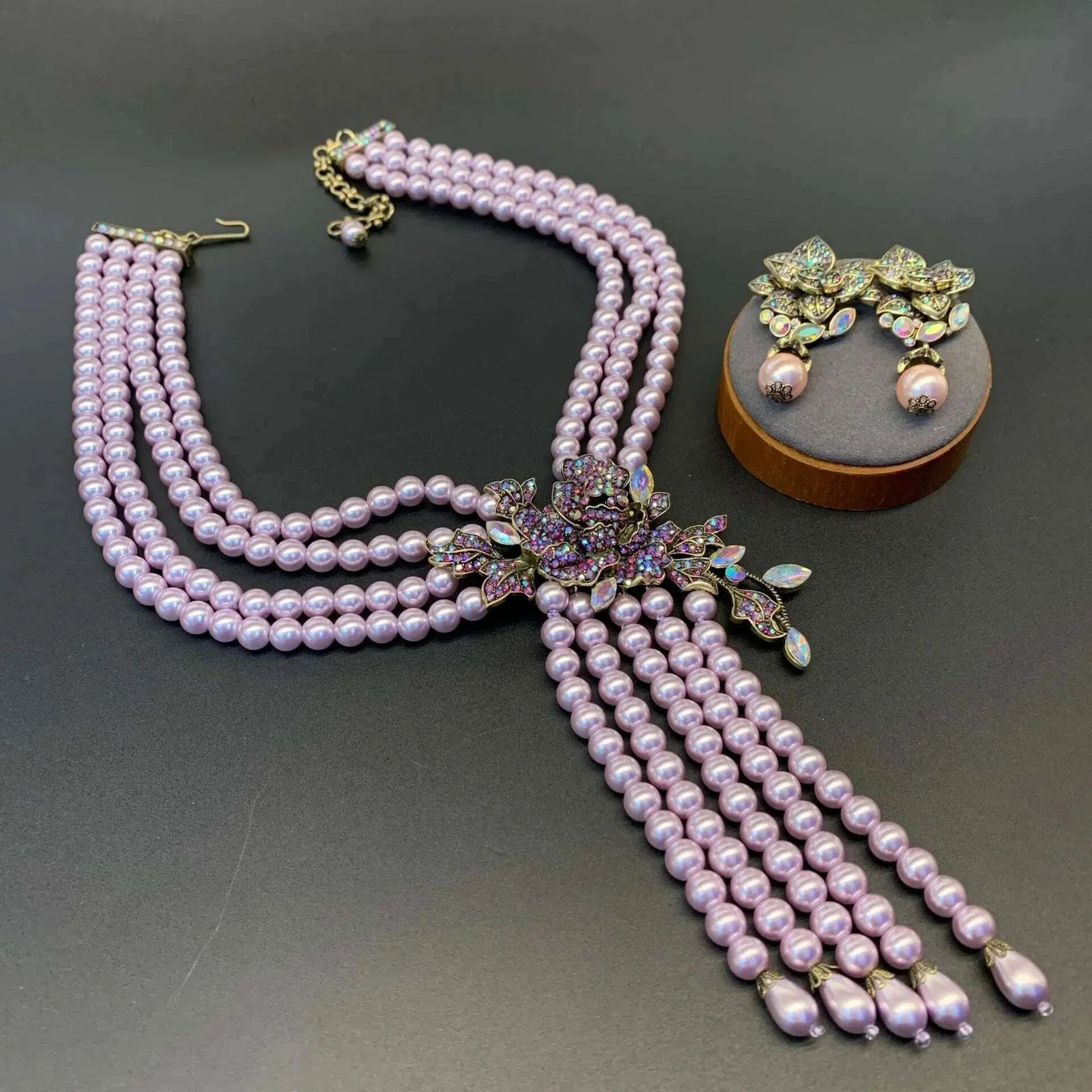 Luxury European and American Style Shining Necklace Earrings Purple Multi layered Glass Beads Flower Jewelry Set For Women