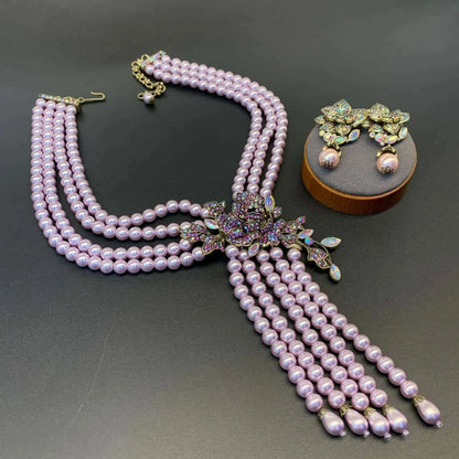 Luxury European and American Style Shining Necklace Earrings Purple Multi layered Glass Beads Flower Jewelry Set For Women