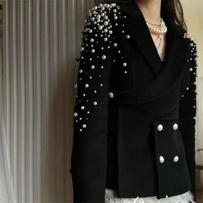 Y2k Beading Double Breasted Woolen Coat Women Slim Fit Long Sleeve Black Tops Mujer 2025 Spring Autumn New Jackets
