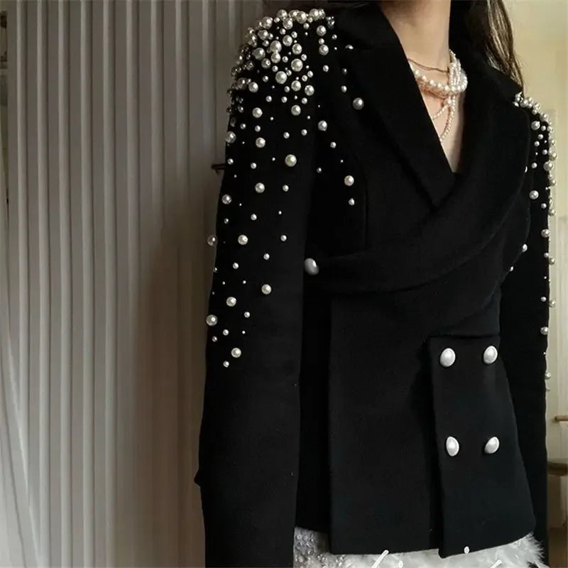 Y2k Beading Double Breasted Woolen Coat Women Slim Fit Long Sleeve Black Tops Mujer 2025 Spring Autumn New Jackets