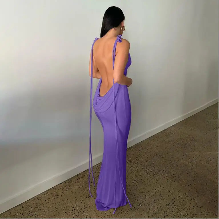 Sexy Halter Backless Long Summer Dresses Women 2025 Fashion Sundresses Purple Bodycon Maxi Nigth Club Party Dress Baddie...