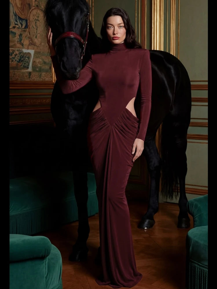 Sexy High Neck Waist Hollow Out Ruched Long Dresses for Women Long Sleeves Folds Bodycon Dress Evening Party Club Cocktail Gowns