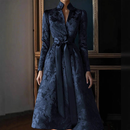 Elegant Womens Print Dress Evening Party Guest Long Sleeve Pleated Maxi Dress with Stand Collar Waisted Wedding Vestido Dress
