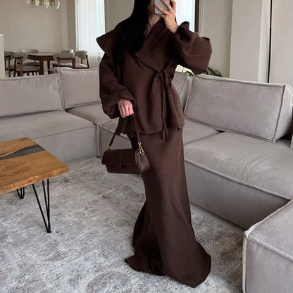 Fashion Draped Hight Waist Suits Elegant V-neck Lace-Up Tops with Long Skirt Set Women Casual Long Sleeve Solid 2 Piece Outfits