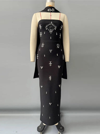 Sexy Strapless Luxury Rhinestones Bandage Dress Women with Scarf Black Sleeveless Diamonds Beading Bodycon Dresses...