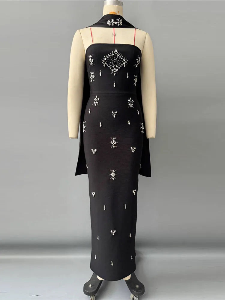 Sexy Strapless Luxury Rhinestones Bandage Dress Women with Scarf Black Sleeveless Diamonds Beading Bodycon Dresses...