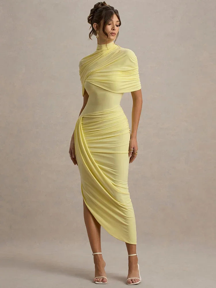 Half Sleeve Backless Ruched Sexy Maxi Dress Women Summer New Turtleneck Slim High Waist Evening Club Party Long Dress