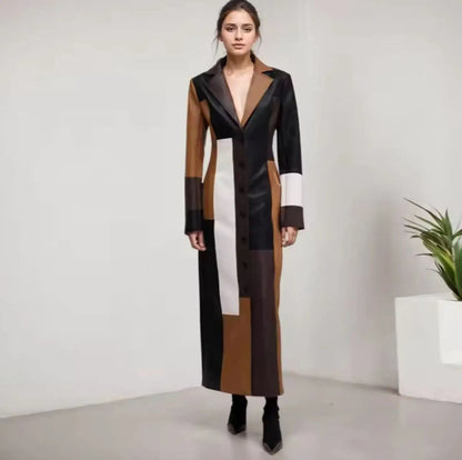 Vintage Style V Neck Long Jackets Fashion Trench Turn-Down Collar Patchwork Single Button Long Sleeve Long Trench Coat for Women